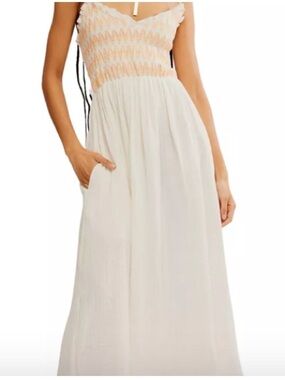 Free People Women’s Boho Smocked Bodice White Gauze Maxi Sleeveles Dress New S-M